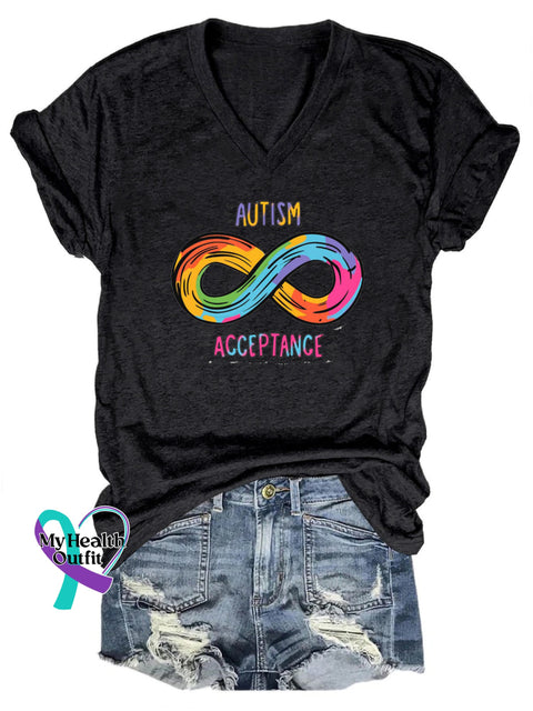 Autism Acceptence Printed Casual V-Neck Short Sleeve T-Shirt Black / S