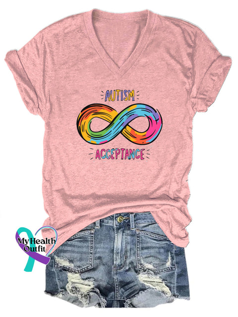 Autism Acceptence Printed Casual V-Neck Short Sleeve T-Shirt Pink / S