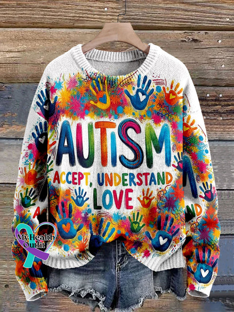 Autism Awareness Accept Understand Love Print Knit Pullover Sweater Multicolor / S