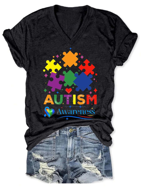 Autism Awareness Art V-neck Casual T-Shirt Black / S
