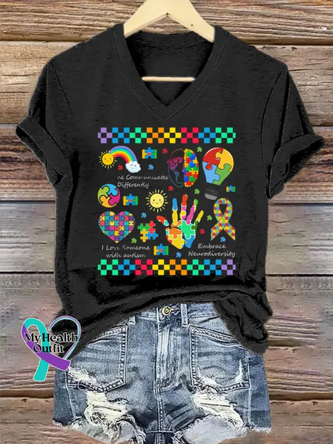 Autism Awareness Art V-neck Casual T-Shirt Black / S