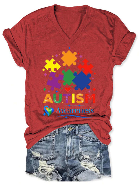 Autism Awareness Art V-neck Casual T-Shirt Red / S