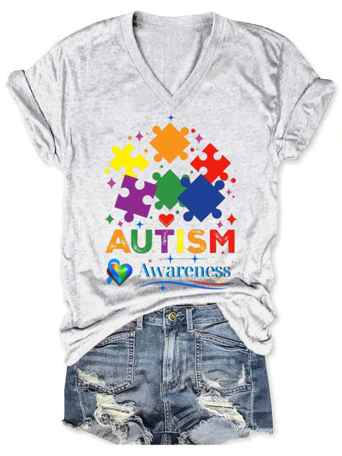 Autism Awareness Art V-neck Casual T-Shirt White / S