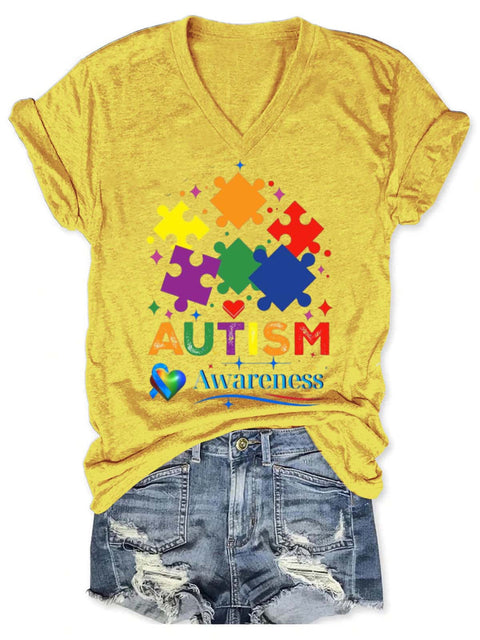 Autism Awareness Art V-neck Casual T-Shirt Yellow / S