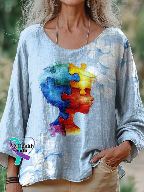 Autism Awareness Boy Portrait Print Cotton Linen Long Sleeve Shirt Multicolor / S