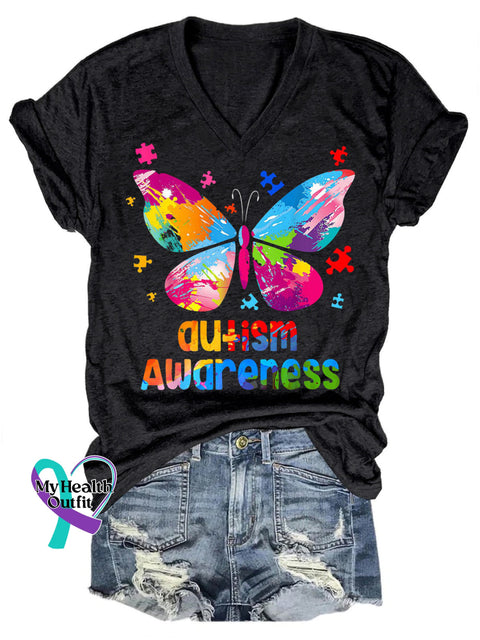Autism Awareness Butterfly Print Casual V-Neck Short Sleeve T-Shirt Black / S