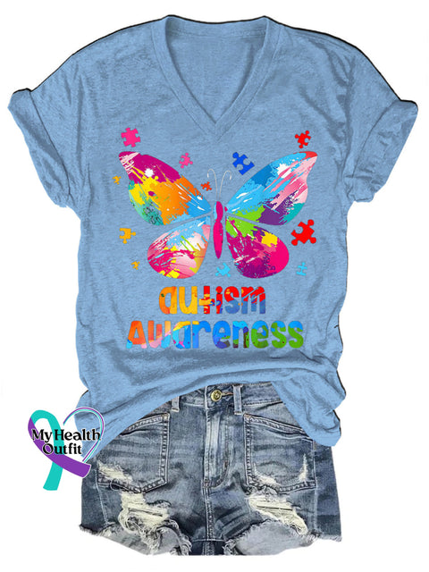 Autism Awareness Butterfly Print Casual V-Neck Short Sleeve T-Shirt LightBlue / S