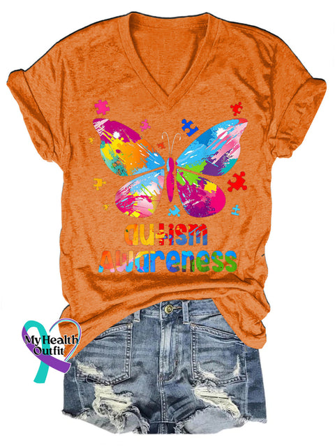Autism Awareness Butterfly Print Casual V-Neck Short Sleeve T-Shirt Orange / S