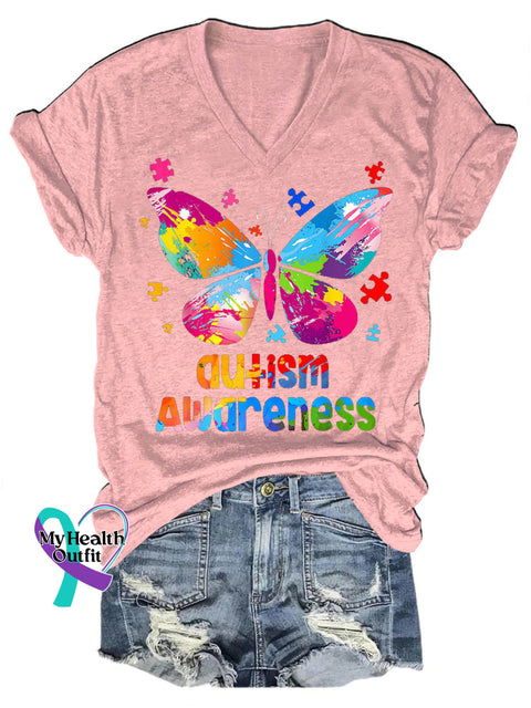 Autism Awareness Butterfly Print Casual V-Neck Short Sleeve T-Shirt Pink / S