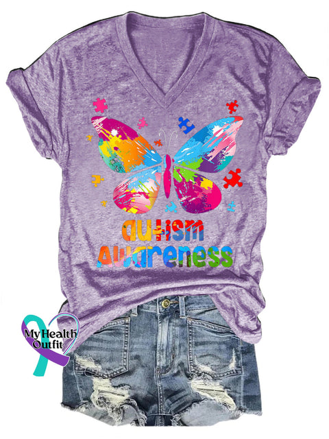 Autism Awareness Butterfly Print Casual V-Neck Short Sleeve T-Shirt Purple / S