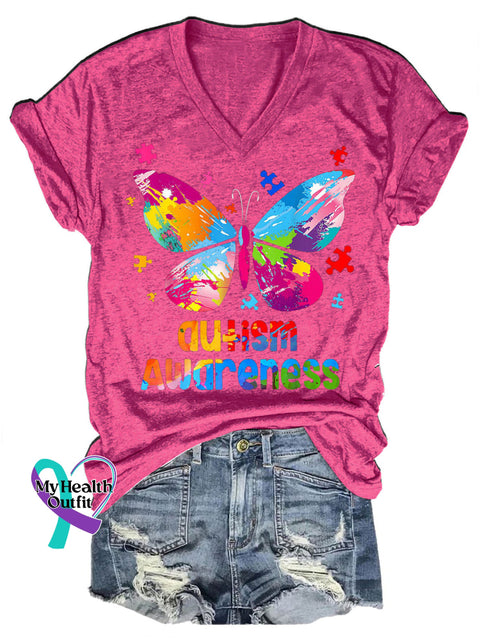 Autism Awareness Butterfly Print Casual V-Neck Short Sleeve T-Shirt RoseRed / S