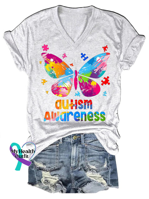 Autism Awareness Butterfly Print Casual V-Neck Short Sleeve T-Shirt White / S