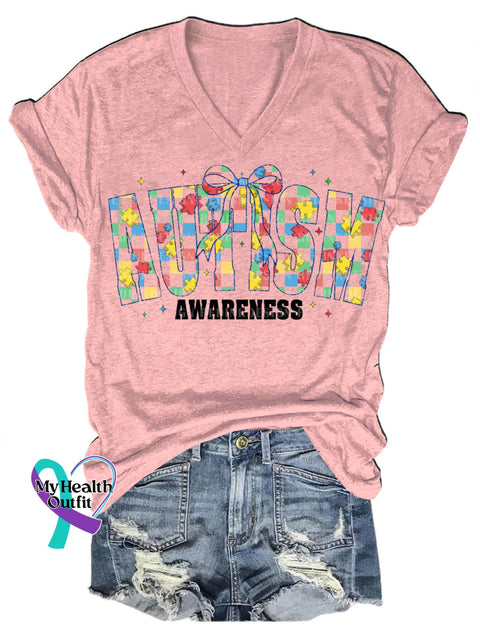 Autism Awareness Checkered Bow Print Casual V-Neck Short Sleeve T-Shirt Pink / S