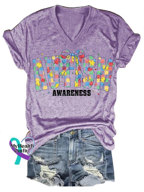 Autism Awareness Checkered Bow Print Casual V-Neck Short Sleeve T-Shirt Purple / S