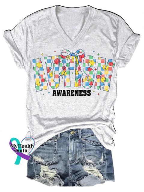 Autism Awareness Checkered Bow Print Casual V-Neck Short Sleeve T-Shirt White / S