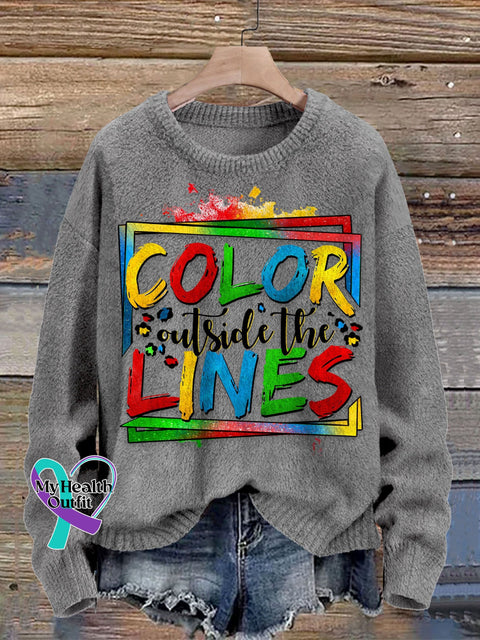 Autism Awareness Color Outside The Lines Print Knit Pullover Sweater Grey / S