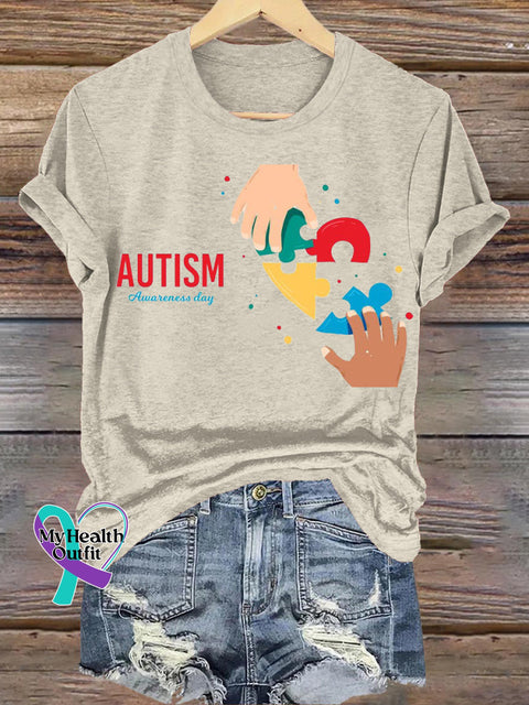 Autism Awareness Day Printed Casual Round Neck Short Sleeve T-Shirt Beige / S