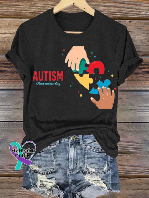 Autism Awareness Day Printed Casual Round Neck Short Sleeve T-Shirt Black / S