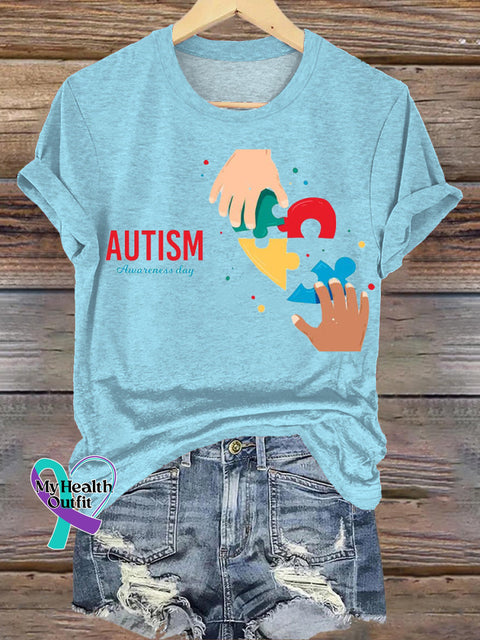 Autism Awareness Day Printed Casual Round Neck Short Sleeve T-Shirt Blue / S