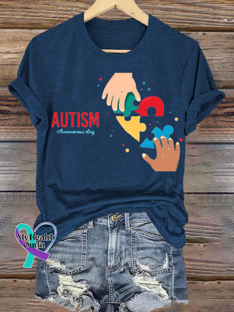 Autism Awareness Day Printed Casual Round Neck Short Sleeve T-Shirt NavyBlue / S