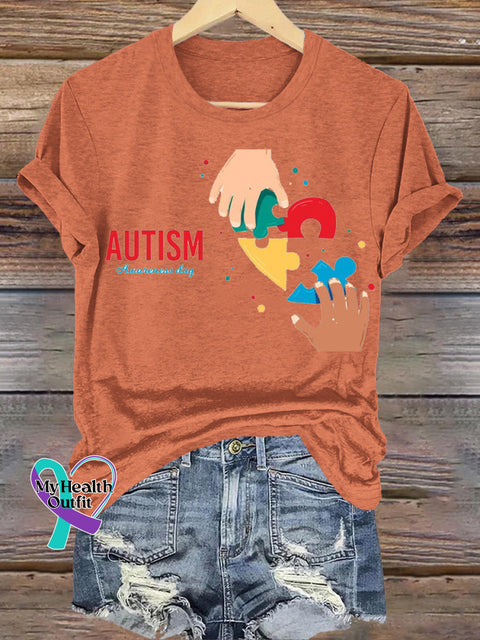 Autism Awareness Day Printed Casual Round Neck Short Sleeve T-Shirt Orange / S