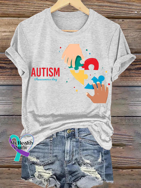 Autism Awareness Day Printed Casual Round Neck Short Sleeve T-Shirt White / S