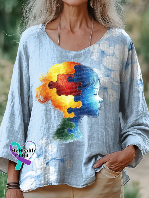 Autism Awareness Girl Portrait Printed Cotton Linen Long Sleeve Shirt Multicolor / S