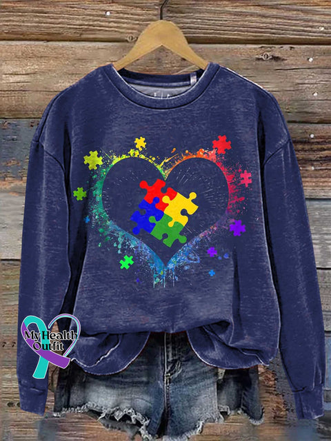 Autism Awareness Heart Casual Sweatshirt Blue / S