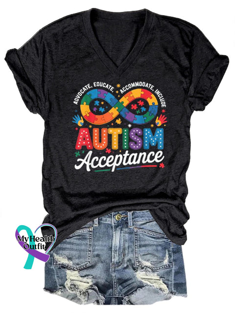 Autism Awareness Infinity Jigsaw Print Casual V-Neck Short Sleeve T-Shirt Black / S