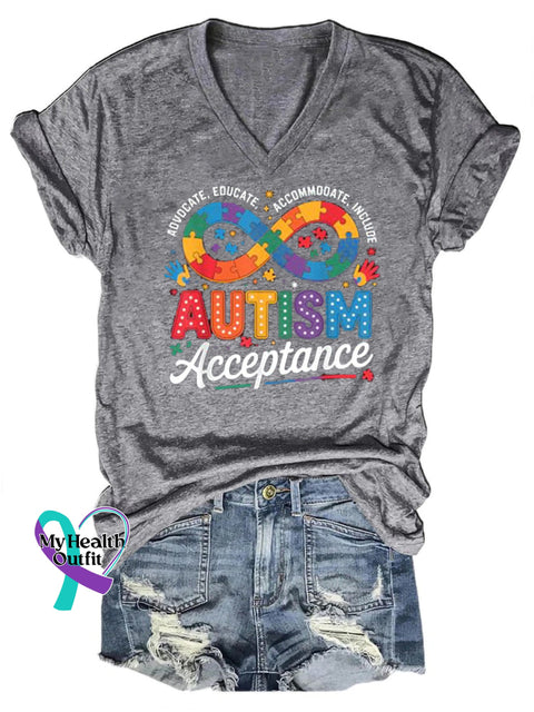 Autism Awareness Infinity Jigsaw Print Casual V-Neck Short Sleeve T-Shirt Grey / S