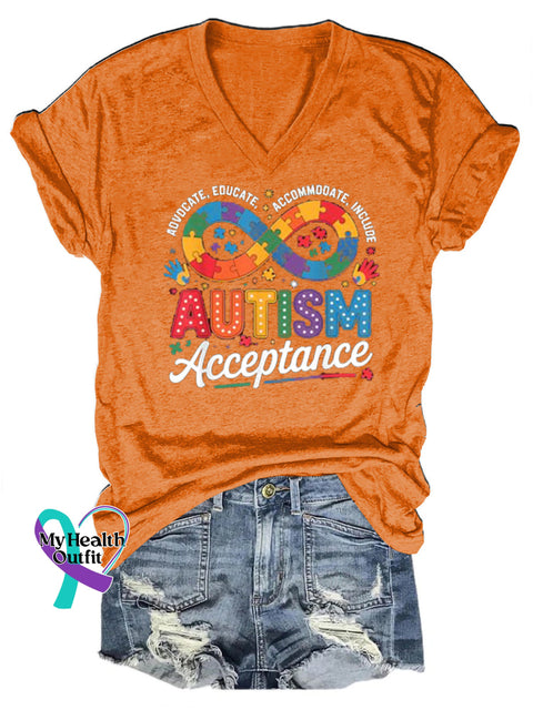 Autism Awareness Infinity Jigsaw Print Casual V-Neck Short Sleeve T-Shirt Orange / S