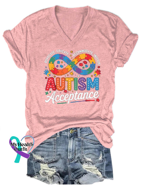 Autism Awareness Infinity Jigsaw Print Casual V-Neck Short Sleeve T-Shirt Pink / S
