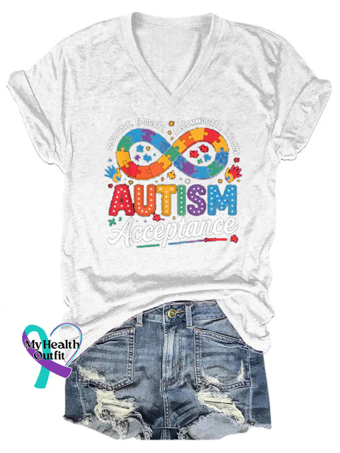 Autism Awareness Infinity Jigsaw Print Casual V-Neck Short Sleeve T-Shirt White / S