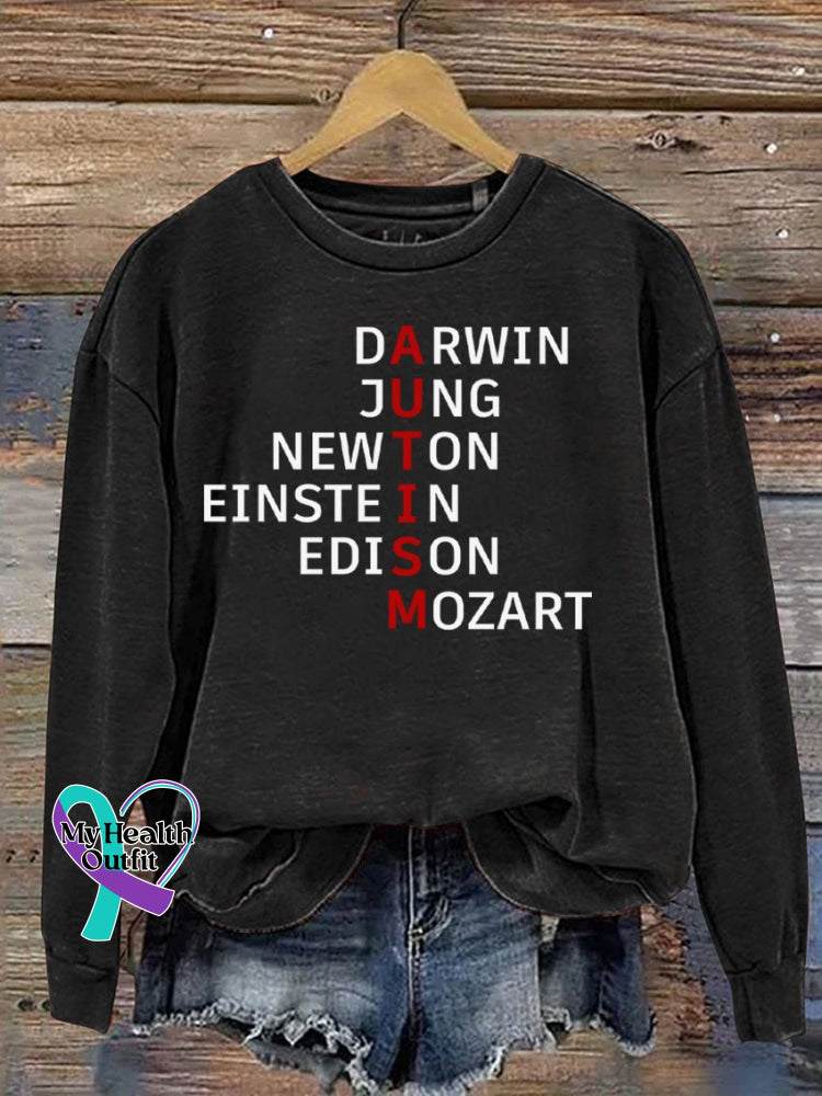 Autism Awareness Monogram Print Casual Sweatshirt Black / S