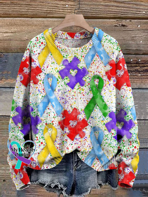 Autism Awareness Print Knit Pullover Sweater Multicolor / S