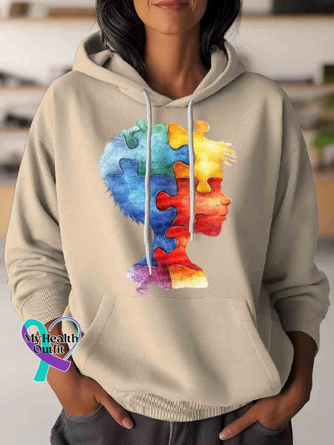 Autism Awareness Puzzle Art Casual Hoodie Sweatshirt Apricot / S