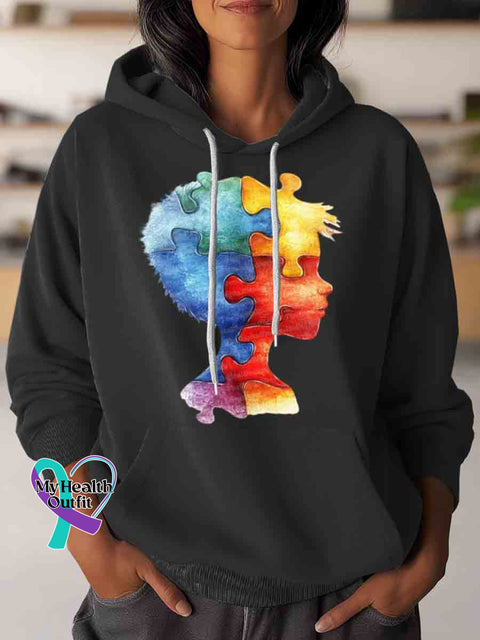 Autism Awareness Puzzle Art Casual Hoodie Sweatshirt Black / S