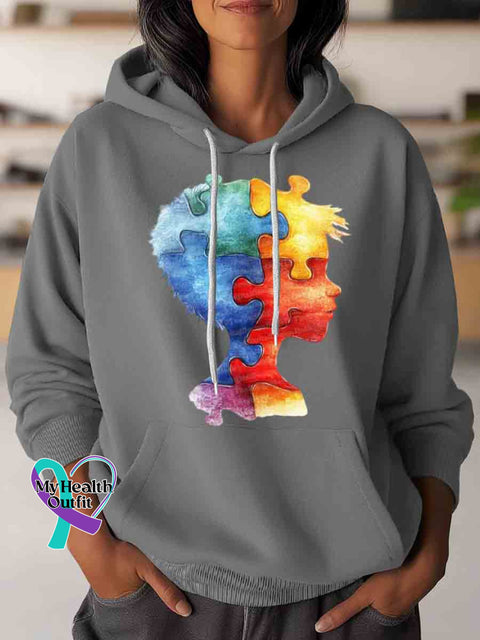 Autism Awareness Puzzle Art Casual Hoodie Sweatshirt Grey / S