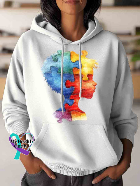 Autism Awareness Puzzle Art Casual Hoodie Sweatshirt White / S