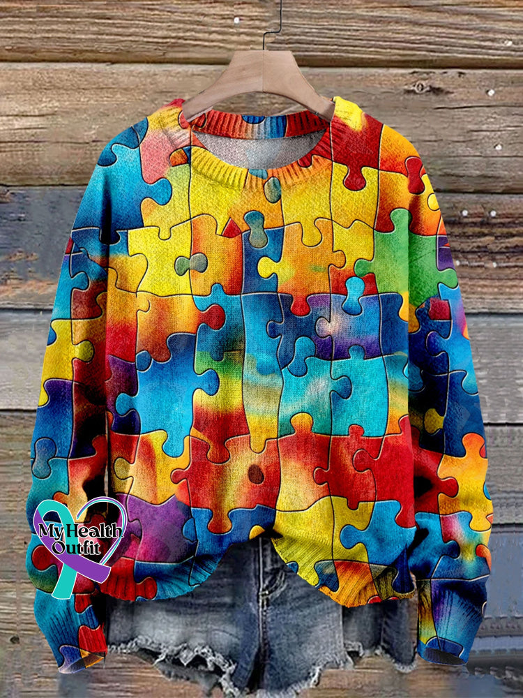 Autism Awareness Puzzle Pattern Print Knit Pullover Sweater Multicolor / S