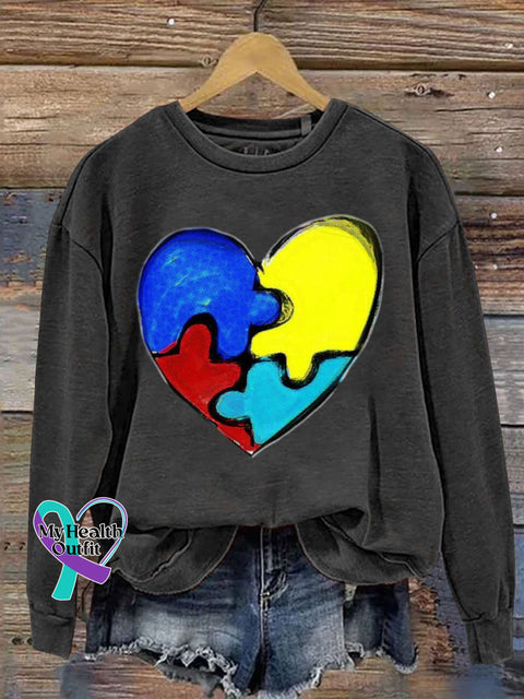 Autism Awareness Puzzle Piece Print Casual Sweatshirt Black / S