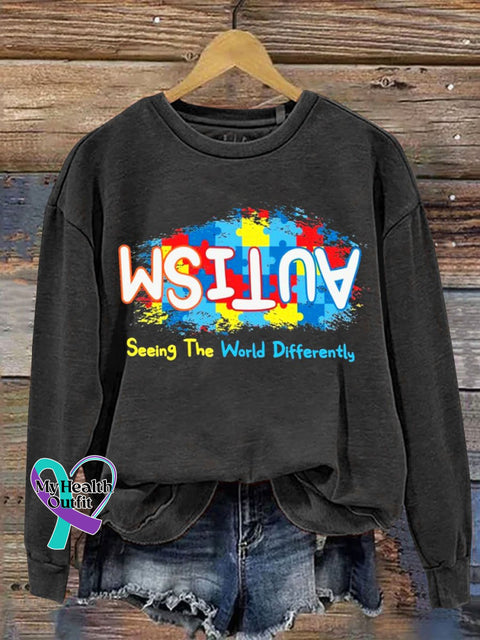 Autism Awareness Seeing The World Differently Print Casual Sweatshirt Black / S