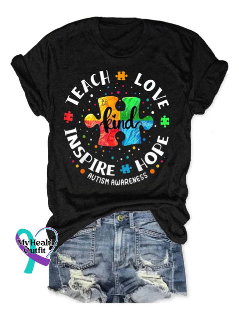 Autism Awareness Teacher Teach Hope Love Inspire Print Short Sleeve T-Shirt Black / S
