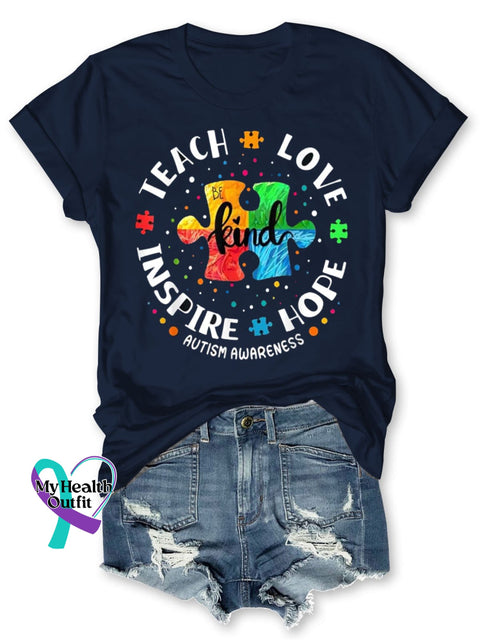 Autism Awareness Teacher Teach Hope Love Inspire Print Short Sleeve T-Shirt Blue / S