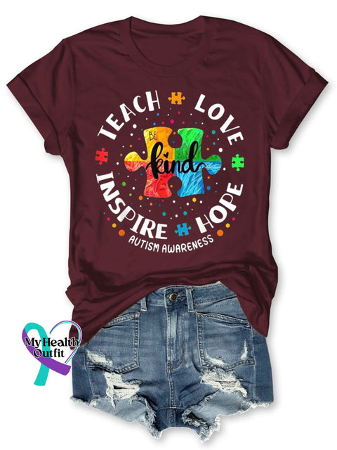 Autism Awareness Teacher Teach Hope Love Inspire Print Short Sleeve T-Shirt Maroon / S