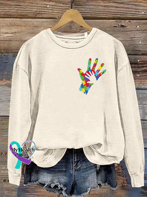 Autism Big Hands Bow Print Casual Sweatshirt Beige / S