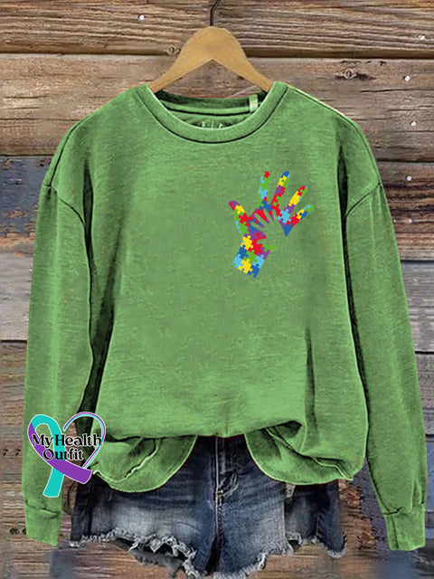 Autism Big Hands Bow Print Casual Sweatshirt Green / S