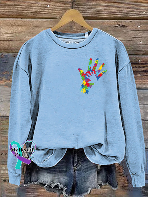 Autism Big Hands Bow Print Casual Sweatshirt LightBlue / S