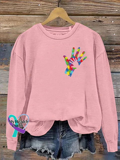 Autism Big Hands Bow Print Casual Sweatshirt Pink / S