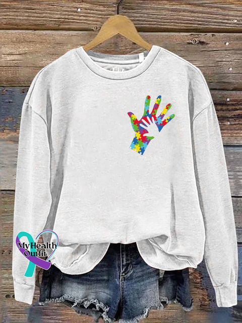 Autism Big Hands Bow Print Casual Sweatshirt White / S